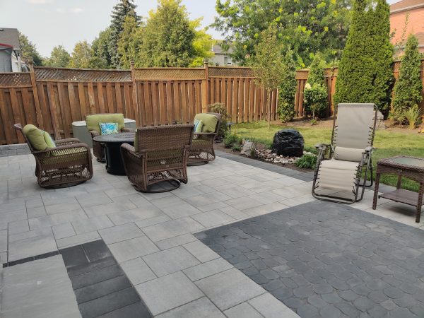 New patio with garden and bubbling rock