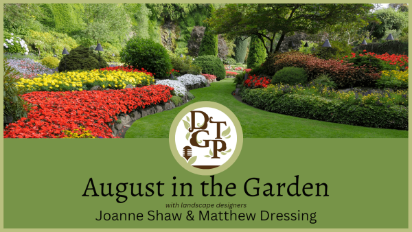 podcast logo with image of a garden path with august in the garden on top