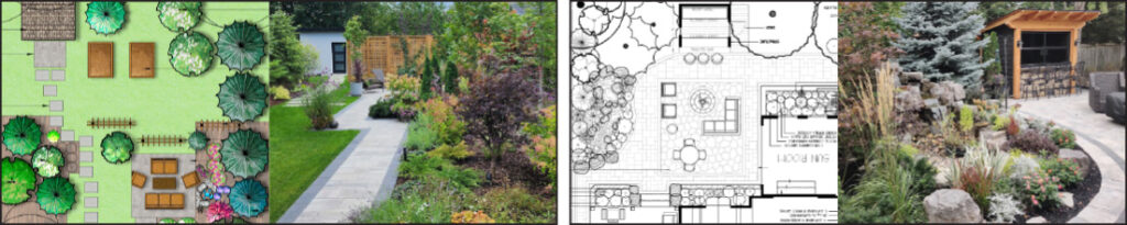 Illustration of before and after garden plans